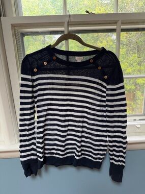 J. Crew Navy and White Striped Button-Shoulder Knit Sweater
